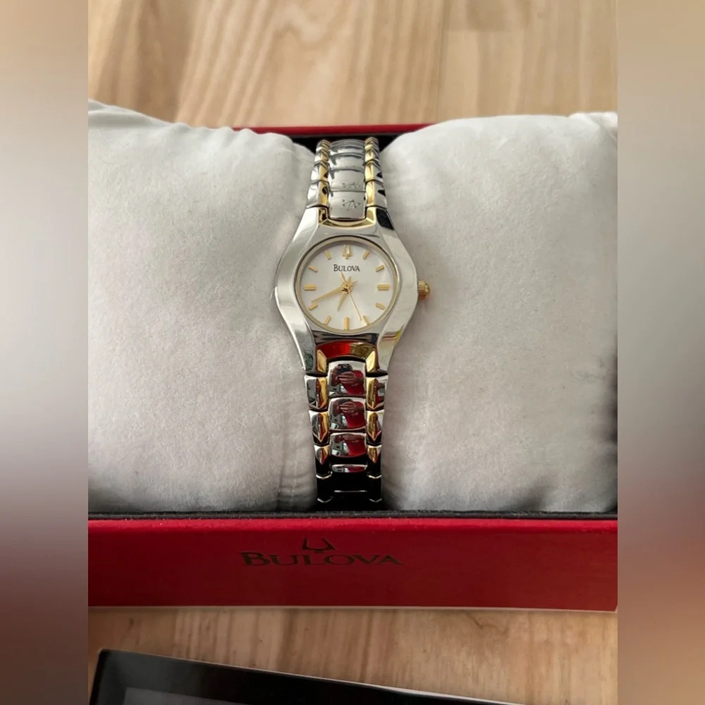 Bulova Ladies New in Box Watch Two-Tone Bracelet White Dial Gold Markers
